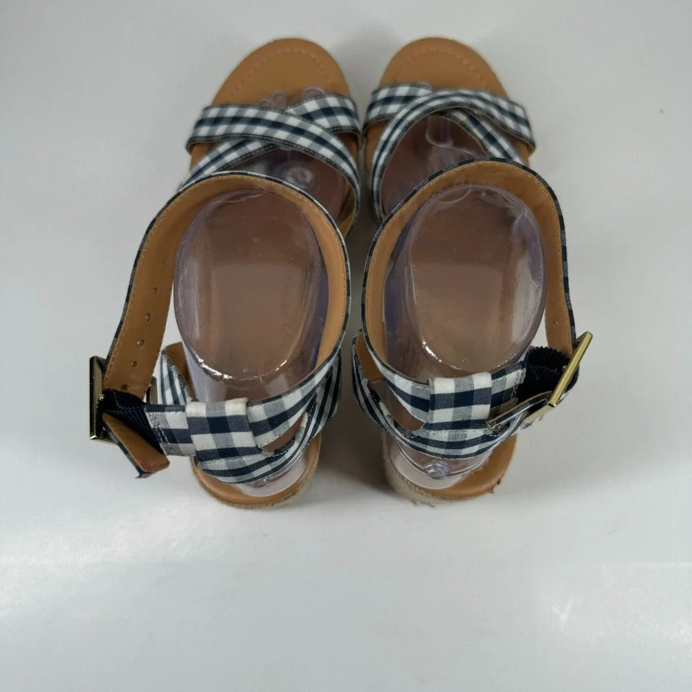 J.Crew Women's US 8.5 Navy Blue Gingham Flatform Espadrille Wedge Sandals L4669